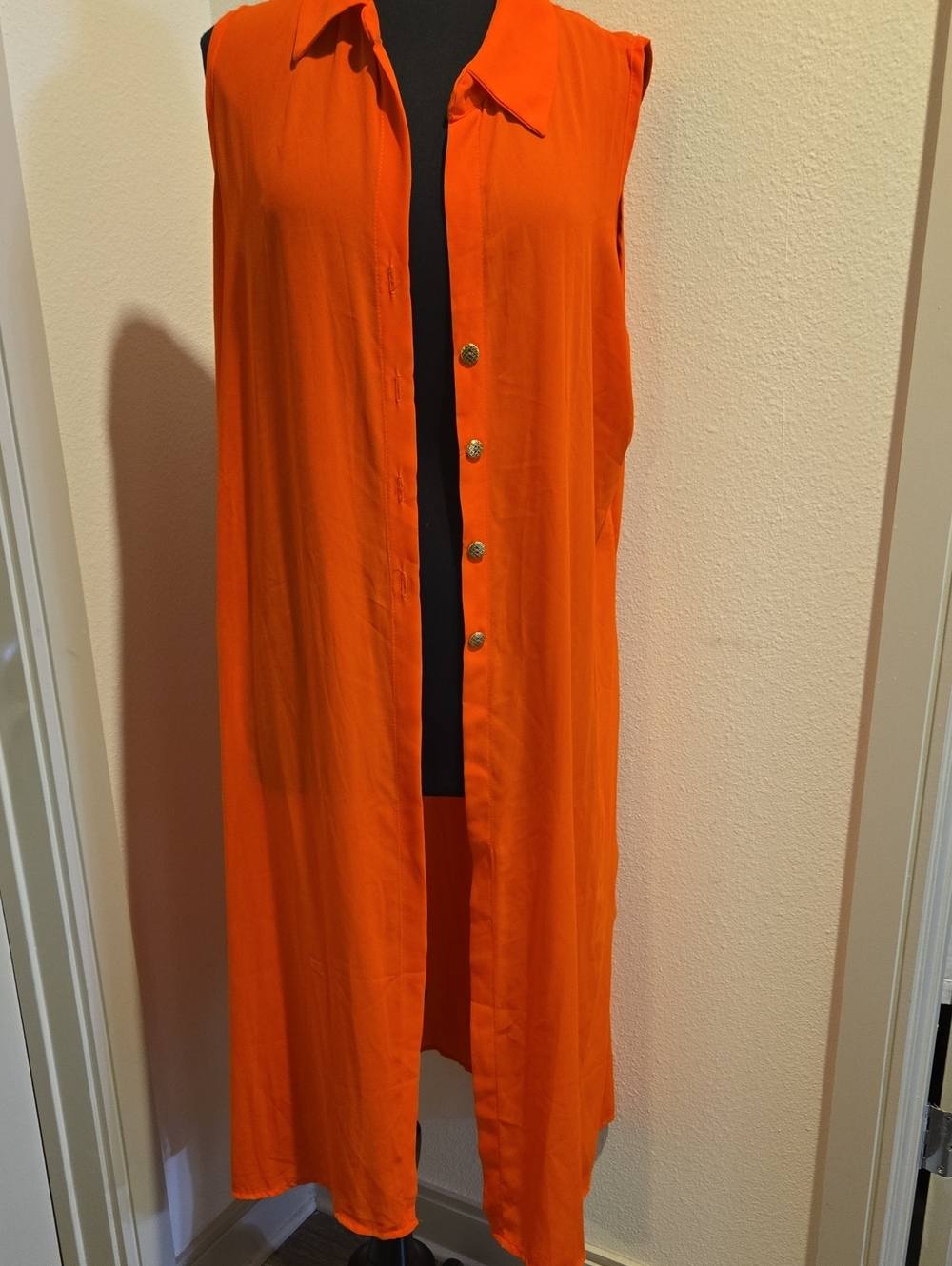 Ashley Stewart Sleeveless Long Button Front Duster in Bright Orange
